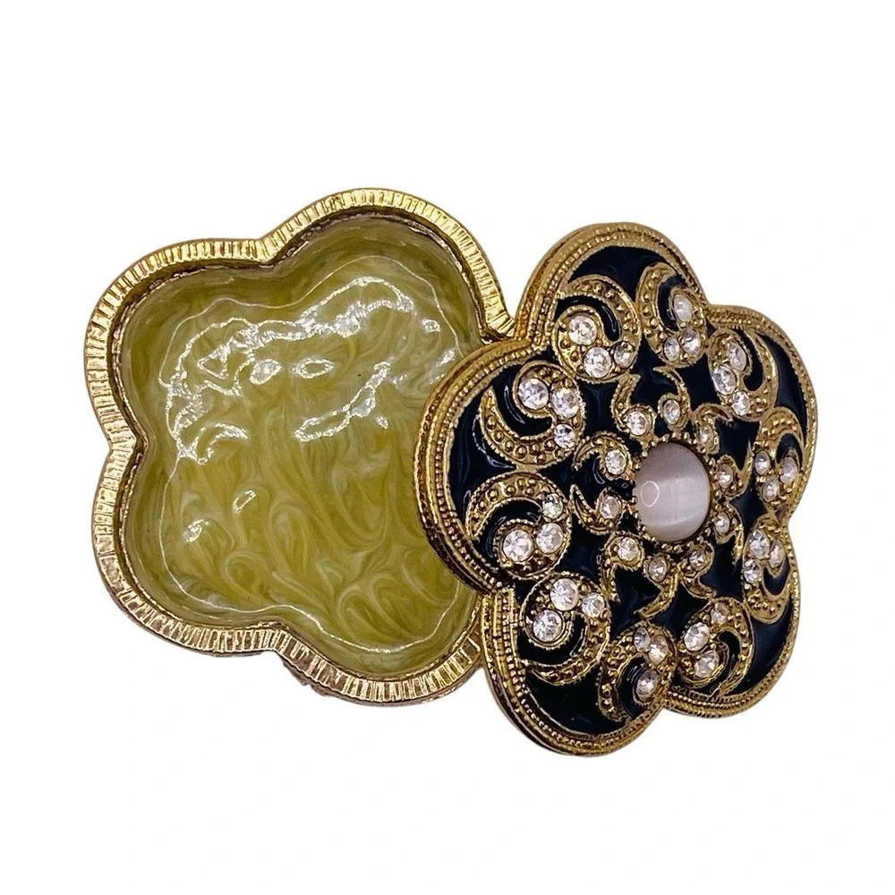 Vintage Swirled Enameled Metal Jeweled Trinket Pill Lidded Box Gold Black Beige